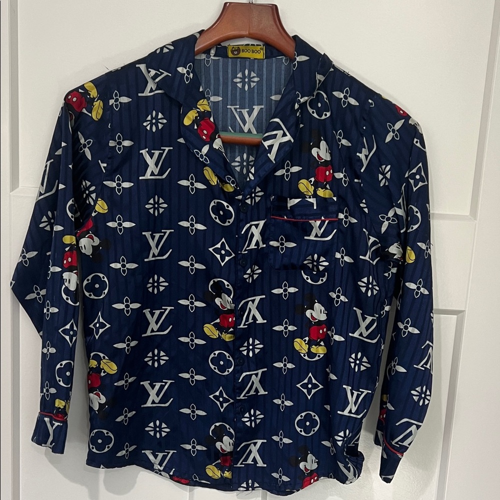 Boo Boo Louis Vuitton Print Navy Shirt with Mickey Mouse Pattern Sz S